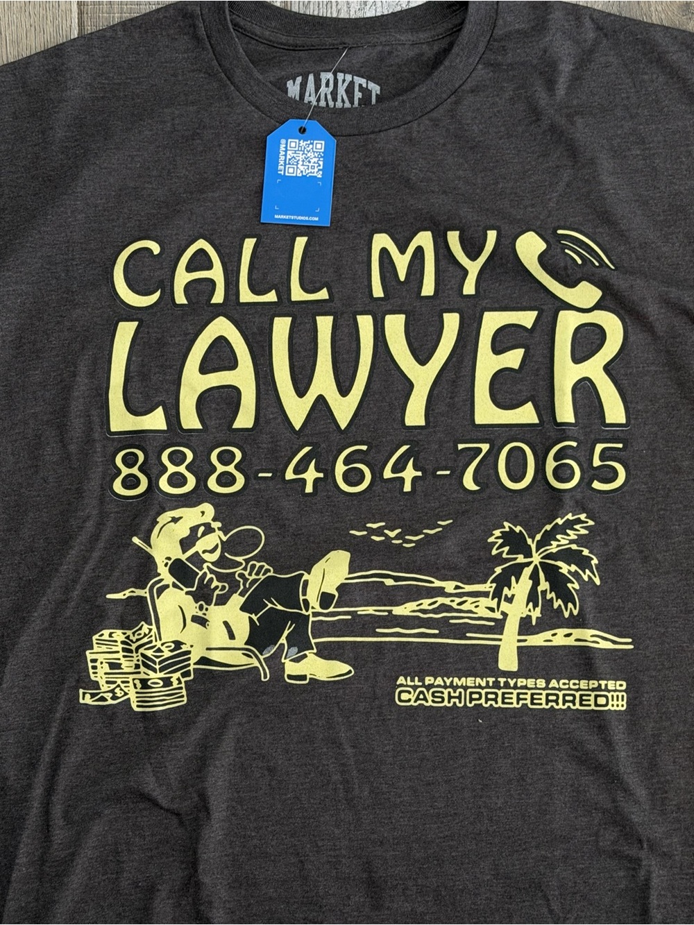 Market Studios - Call My Lawyer Graphic Tee - Charcoal with Yellow Print